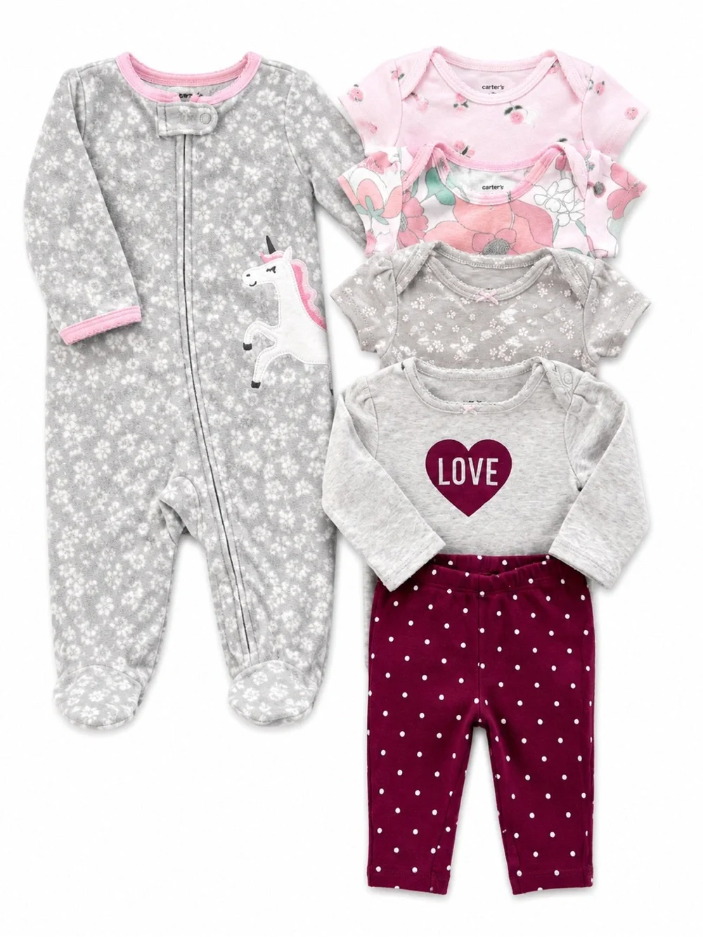 Carter’s Baby Girl 6 Month Clothing Bundle Unicorn Sleeper Floral Bodysuits